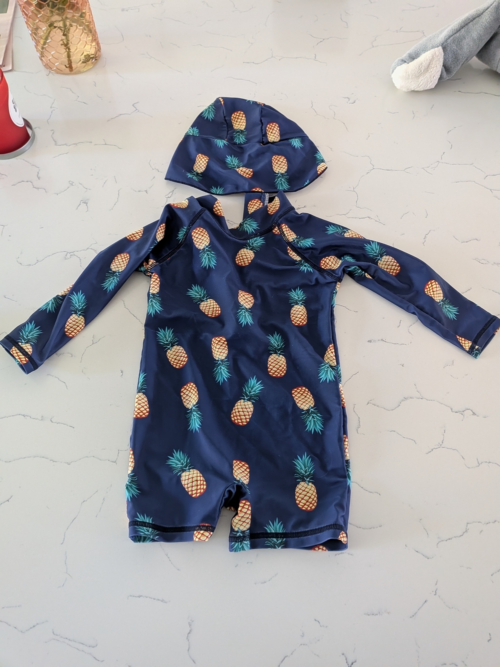 Navy Pineapple Print Infant Rashguard Swim Romper with Hat